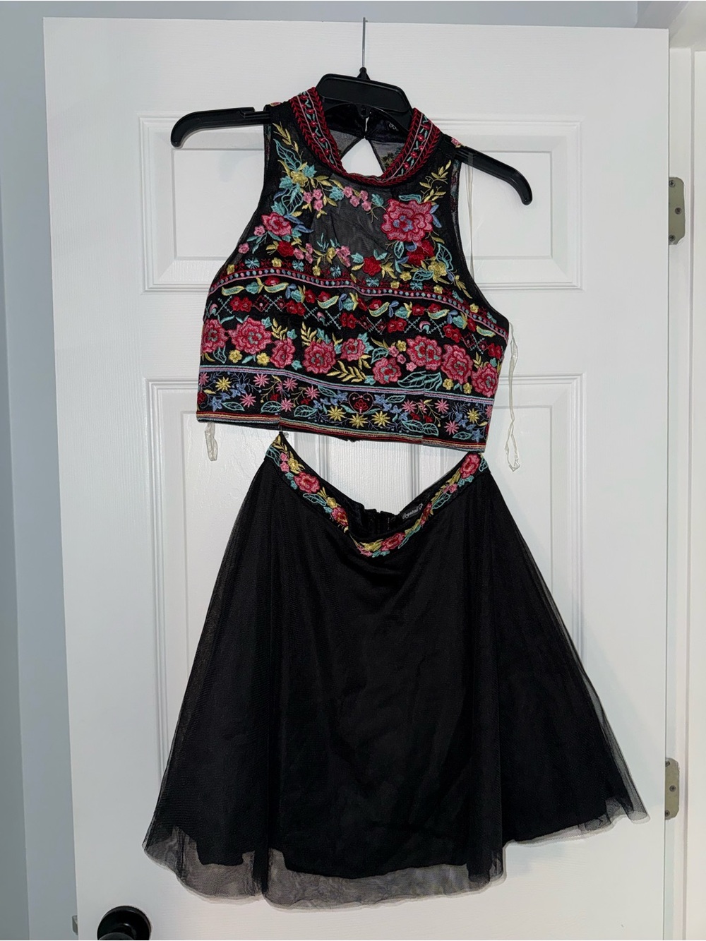 Crystal Doll Black Two-Piece Dress with Multicolor Floral Embroidery